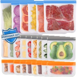 Lerine 24 Pack Dishwasher Safe Reusable Bags Silicone, Extra Thick Leakproof Reusable Freezer Bags, BPA Free Food Storage Bags for Lunch Meat Veggies (6 Gallon 9 Snack 9 Sandwich Bags)