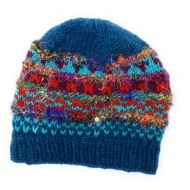 Hand Knit Wool & Recycled Silk Beanie Hat & Fingerless Gloves Set Fleece Lined Made in Nepal (Teal)