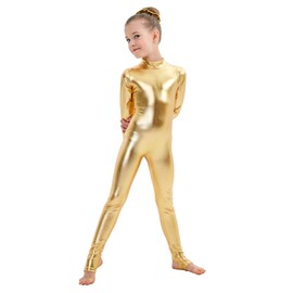 Kepblom Girls Shiny Metallic Mock Neck Unitard Long Sleeve Zipper Back One Piece Bodysuit Costume (Gold, Medium)