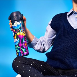 ION8 Vacuum Insulated Steel Water Bottle, 500 ml/18 oz, Leak Proof, Easy to Open, Secure Lock, Dishwasher Safe, Fits Cup Holders, Carry Handle, Scratch Resistant, Metal Water Bottle, Floral Design