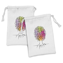 Lunarable Tree of Life Fabric Pouch Set of 2, Ornamental Tree with Colorful Geometric Roots and Branches Growing Home, Small Drawstring Bag for Toiletries Masks and Favors, 9" x 6", Multicolor