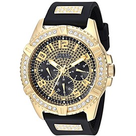 GUESS Comfortable Gold-Tone Black Stain Resistant Silicone Watch with Crystal Embellished Day, Date + 24 Hour Military/Int'l Time. Color: Black (Model: U1132G1)