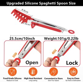 Upgraded Silicone Spaghetti Spoon & Pasta Tong,Non-stick Sturdy Pasta Fork with Teeth,Stainless Steel Handle Spaghetti Tong, Food Clip for Spaghetti Noodles,Server Spoon for Cooking and Serving(Red)