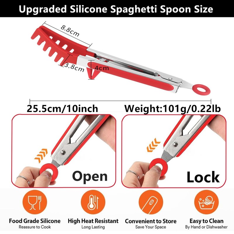 Upgraded Silicone Spaghetti Spoon & Pasta Tong,Non-stick Sturdy Pasta Fork