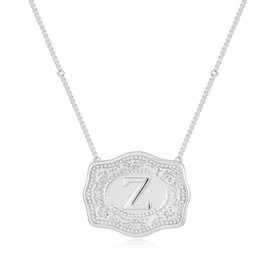 Belt Buckle Necklace With Initial For Women, 18k Gold Plated Mini Embossed Letter Pendant Western Charm Gift Jewelry (Belt Buckle Z, Silver)