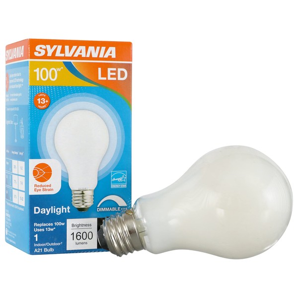 Sylvania Reduced Eye Strain A21 LED Light Bulb, 100W = 13W, 13 Year, Dimmable, Frosted, 5000K, Daylight - 1 Pack (40661)