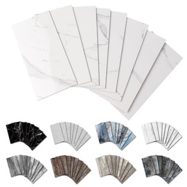 URCOLOR 32-Piece Peel and Stick Backsplash Wall Tile, 4"x 8" PVC Glossy White Marble Stick on Subway Tiles for Kitchen, Bathroom, Laundry Room, Camper, Fireplace