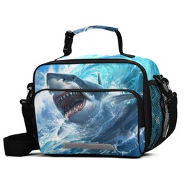 BOENLE Shark Blue Ocean Wave Lunch Box for Boys Girls Insulated Lunch Bag Kids Cooler Tote Shoulder Strap Reusable School Picnic Travel