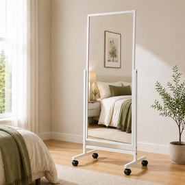 Full Length Mirror with Wheels, 65"x22" Freestanding Floor Mirror with Stand, Rolling Standing Dressing Mirror for Bedroom, Tall Tilting Mirror on Casters,White Wood Frame
