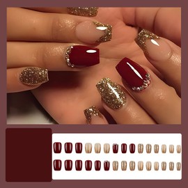 RIICFDD Short Press on Nails Coffin Fake Nails Wine Red False Nails Rhinestone Nail Charms Stick on Nails Champagne Glitter French Tip Nails Full Cover Glossy Acrylic Nails for Women Girls 24 Pcs
