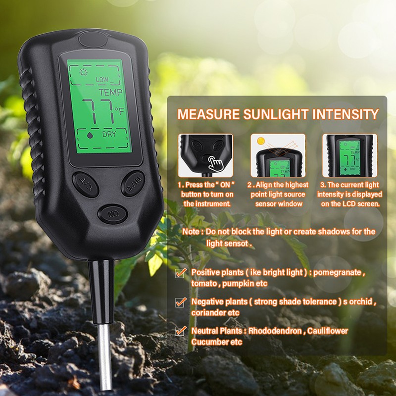Multifunctional High Accurancy Soil PH Tester Soil Moisture/PH/Temperature Sunlight Intensity