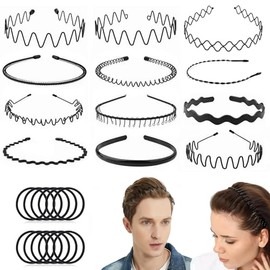 12 Piezas Diademas de Metal Ondulado, Unisex Ondulada Deportes Cabello Aro, Antideslizante Elástica Aro para el Cabello, con 20 Cuerdas de Cabeza Elás