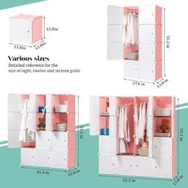 BRIAN & DANY Portable Wardrobe Closet for Hanging Clothes, Bedroom Armoire with Doors, Modular Cabinet for Space Saving, Ideal Storage Organizer Cube for Books, Toys, Towels (16-Cube), Pink