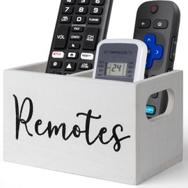 VACONICO Remote Control Holder for Table, Wooden TV Remote Holder, Remote Box Storage Organizer, Remote Caddy for Bedside, Couch- White (2 Compartments)