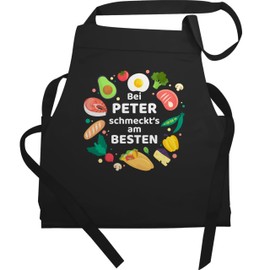 Geschenk mit Namen personalisiert by Shirtracer - Apron - Cooking Apron - "Bei Name schmeckts am besten - FleischFisch Geschenkidee Hobbykochche Koch" (German Language), 1 black