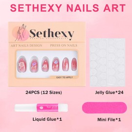 Sethexy Pink Gradient Press On Nails 3D Medium Coffin False Nails with Design 24PCS Glossy Full Cover Art Fake Nail for Women and Girls (6)
