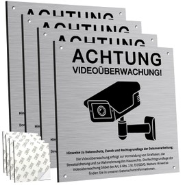 PATRICHOR 4 Stck Achtung Videoberwachung Schild Privatgrundstck mit DSGVO Hinweis, 15x15cm Aluminium Schilder Kameraberwachung, mit Selbstklebend und 4 Bohrl?cher, Kamera berwachung, Warnschild