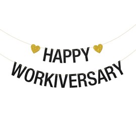 INNORU Happy Workiversary Banner, Work Anniversary Party Hanging Bunting, Office Work Party Decorations Supplies Banner, Black Glitter