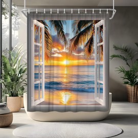 Ocean Sunrise Shower Curtain Hawaii Sunset Beach Palm Leaves Summer Seascape Coastal Seaside Landscape Tropical Island Wooden Window Bathroom Curtains Set Polyester Fabric with Hooks 70"W x 70"L