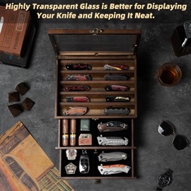 Knife Display Case, Knife Collection Display Holder with Glass Lid, 3-Layer Wooden Pocket Knife Case with Drawers