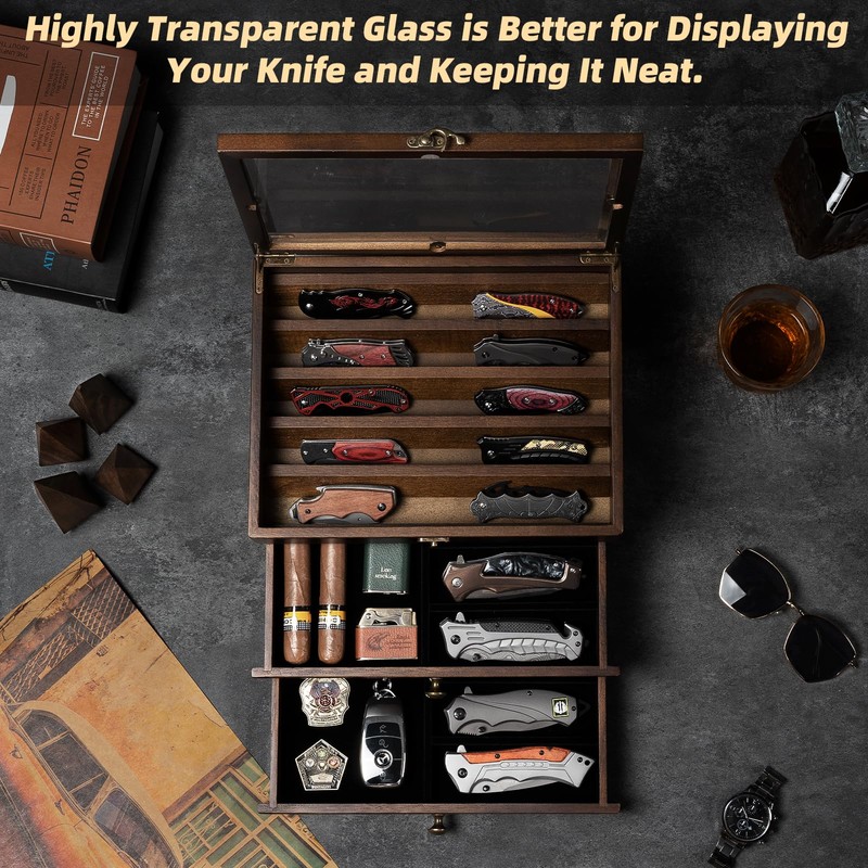 Knife Display Case, Knife Collection Display Holder with Glass Lid,