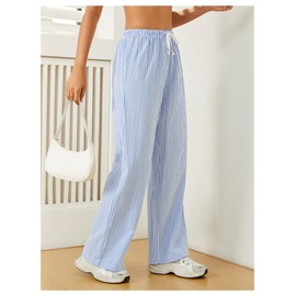 RoseSeek Women's Striped Print Straight Wide Leg Linen Pants Drawstring Waist Slant Pockets Pants Casual Long Pants Blue with White X-Small