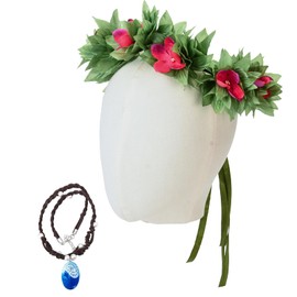 Merroyal Hawaiian Princess Costume Set, Floral Garland Headband with Hot Pink Flowers, Adjustable Necklace, Handmade (Green and Hot Pink)