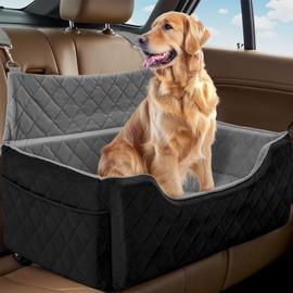 Dog Car Seat for Large/Medium Dogs, Dog Booster Seat for Under 50lbs or 2 Small Dogs, Non-Slip Removable and Washable Pet Car Seat,2 Safety Leashes, Travel Pet Bed, Black