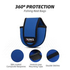 RUNCL Waterproof and shock - absorbing baitcasting reel bag with black body and blue edges, ideal for freshwater and saltwater fishing trips