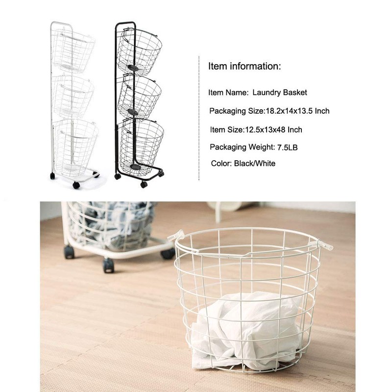 Farios 3 Tier Rolling Laundry Hamper with 3 Removable Wire