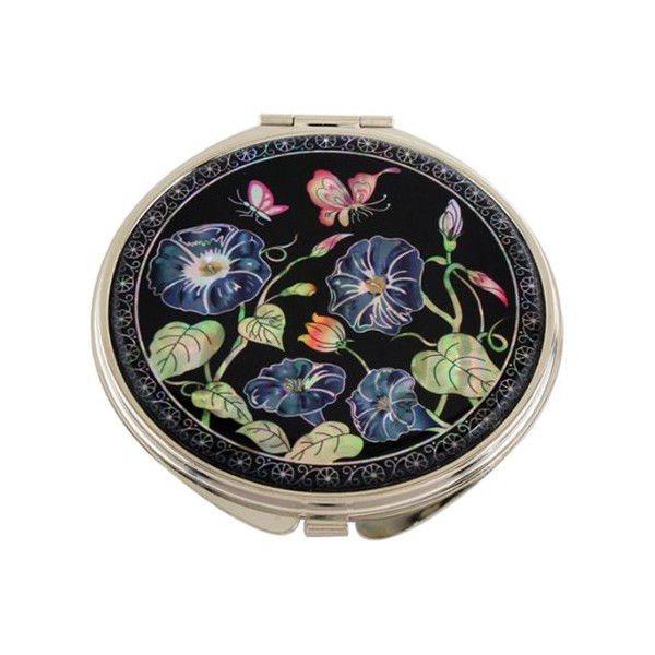 Mother of Pearl Blue Morning Glory Flower Design Double Compact Magnifying Cosmetic Makeup Purse Beauty Pocket Mirror by Antique Alive