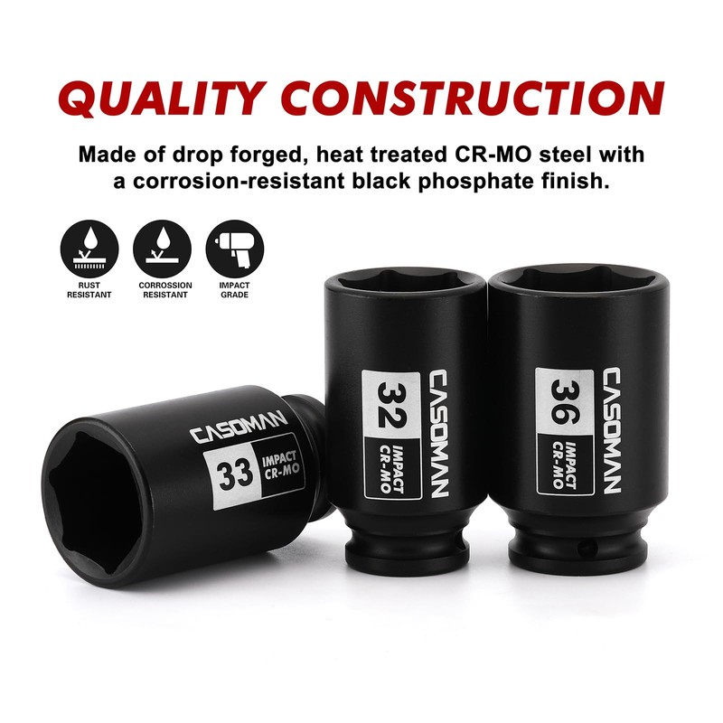 CASOMAN 1/2- Inch Drive Deep Spindle Axle Nut Impact Socket