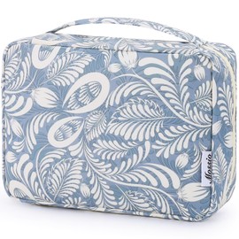 Mossio Hanging Toiletry Bag with Sturdy Hook - Large Portable Cosmetic Makeup Travel Organizer for Men & Women Blue Leaf