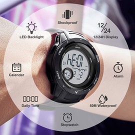 Watches Men's Digital Military Sports Watch 50 m Waterproof Digital Watch with Alarm Clock Date Digital Watch LED Stopwatch 12/24H Tactical Watch for Men Boys Outdoor, black and white, Strap.