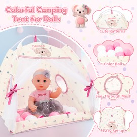 deAO Baby Doll Stroller Crib Bed Tent Set Nursery Playset Baby Doll Accessories Camping Tent Set with 14" Baby Dolls, Storage Travel Bag and Balls, Birthday Gift for Girls Toddlers Pretend Play