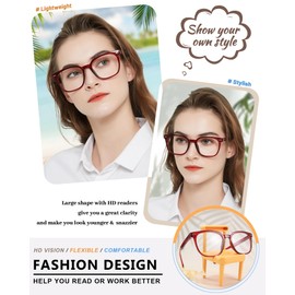 MARE AZZURO Oversized Reading Glasses 3.00 Women Large Square Readers 100 125 150 175 200 225 250 275 300 350 400 500 600 (Red, 3.0)