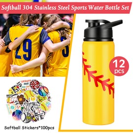 Gerrii 12 Pcs Softball Water Bottles Bulk Softball Gifts for Team 20 oz Stainless Steel Reusable Bottles with Snap Lid 100 Pcs Stickers Helmet Award Decals Stuff