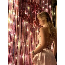 Rose Gold Fringe Backdrop Curtains Party Decorations, Tinsel Streamers Birthday Decor for 30th Her Him, Foil Photo Booth Props for Baby Shower, Graduation, Wedding, Bachelor Party, 2Pack 3.28X8.2Ft