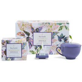 Tea Forte Demoiselle 3-Piece Premium Tea Gift Set with Indigo Cafe Cup and Lid, Tea Tray and 10 Count Mini Presentation Box, 2 of Each Variety Handcrafted Pyramid Infuser Tea Bags