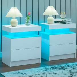 i-aplus i-aplus Nightstand Set of 2 LED Nightstand with 2 Drawers,Night Stand Set 2 with LED Light,Bedside Table with Drawers for Bedroom,White