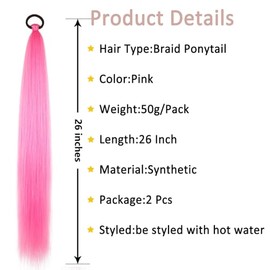 Paquete de 2 extensiones de coleta trenzada rosa con lazo elástico, extensiones de cabello trenzado envolvente de 66 cm, cabello sintético liso natura