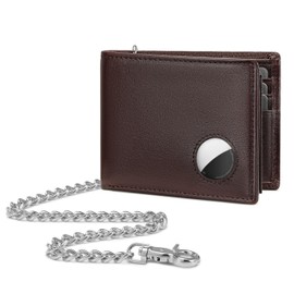 KLOMORE AirTag Chain Wallets for Men (Airtag Not Included), Sleek and Slim, RFID Blocking Genuine Leather Bifold Mens Wallet Includes ID Window Credit Card Holder with Sturdy Chain