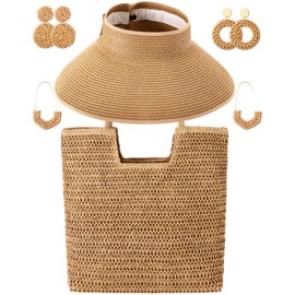 Loetere 5 Pcs Women Straw Bag and Hat Set, Large Straw Beach Bag, Floppy Sun Hats Packable Rattan Earrings for Summer 2025(Casual Style)