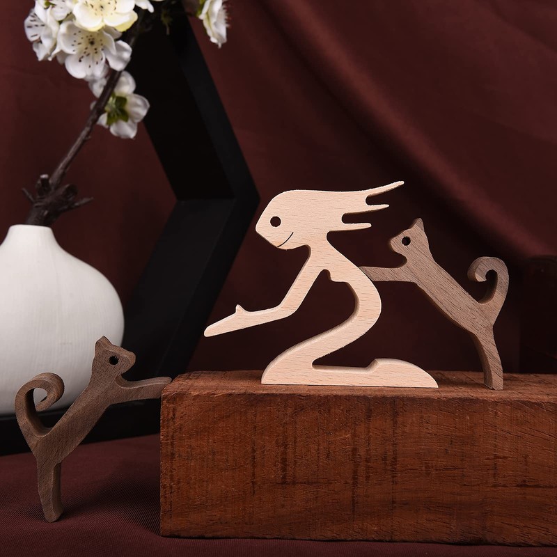 KINGNOW Woman and Cat Statue Wood Figurine Handcraft Kitty Ornament
