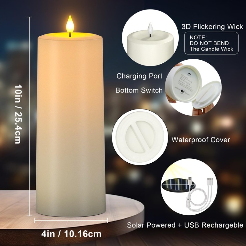 SoulBay 10" x 4" Flameless USB Rechargeable Candles, Solar Powered