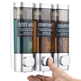 Shampoo and Conditioner Dispenser,GlintGath Shower Dispenser 3 Chamber No Drill Shampoo Dispenser for Shower Wall Mounted Shower Soap Dispenser for Bathroom Hotel,3 * 300ML,Silver