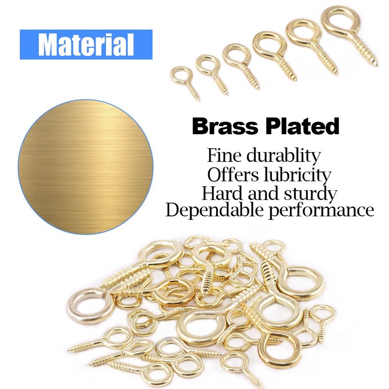 Glarks 100-Pieces 6 Size Brass Plated Lag Eyebolts Screw-in Eye