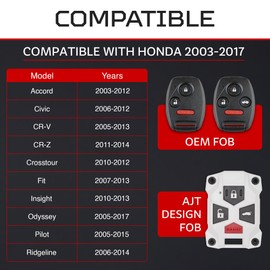 AJT Design Injection Fob Shell for Honda – Key Fob Cover Replacement Case – Fits Accord, Civic, CR-V, Pilot & More (2003–2017) – Shell Only, No Electronics – OEM-Style Button Layout - White