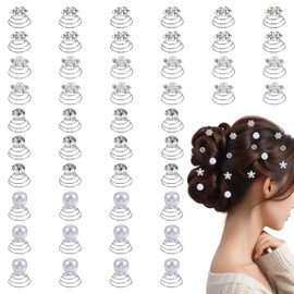 48PCS 4 Shapes Gems Rhinestone Twister Hair Studs Set Hairs Pin Silver Coil Diamond Spiral Pearl Flower Jewels Hair Pins Sticks for Wedding, Bridal, Prom, Party and Special Occasion