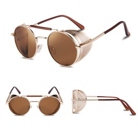 FEISEDY Vintage Metal Gafas de Sol Estilo Steampunk para Hombres Mujeres Escudo Lateral Gafas Redondo Retro Góticas Protección UV400 B2518